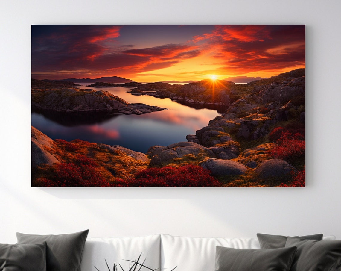 Dramatic Norway Sunset Over Rocky Coastline Red Sky Landscape Poster
