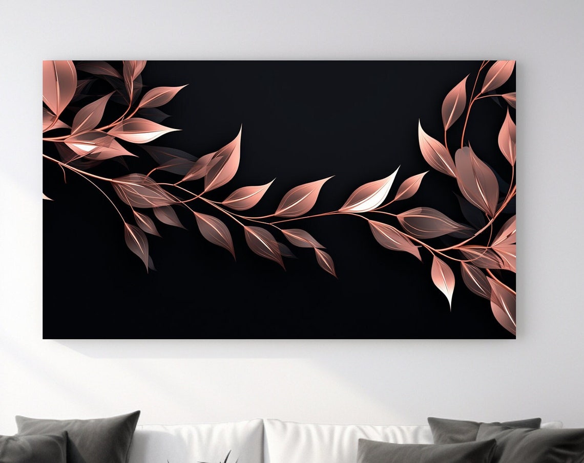 Rose Gold Copper Leaves Branch Black Background Wall Art Poster