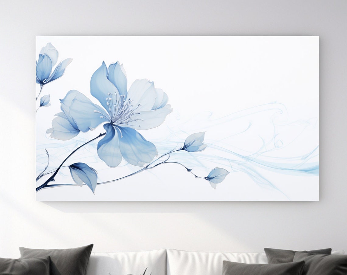 Minimalist Translucent Blue Flower Delicate Line Art Bloom Print