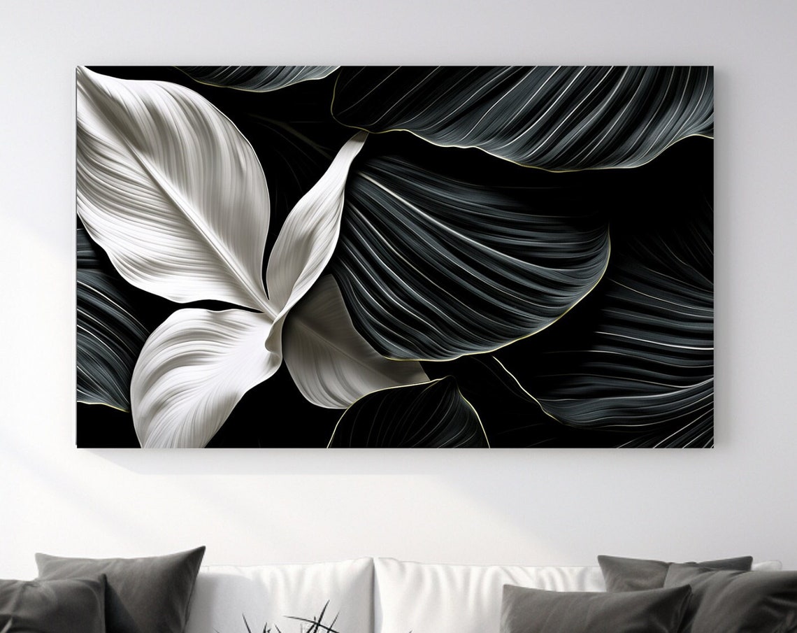 Black White Gold Trim Tropical Leaves Bold Dramatic Botanical Poster
