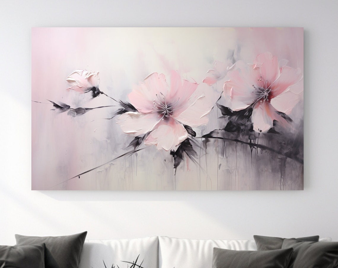 Pink Cherry Blossom Branch Misty Soft Romantic Floral Painting Poster