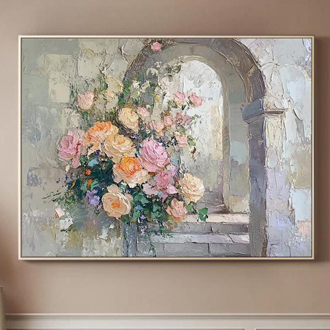 Romantic Floral Archway With Blush Pink Roses Textured Wall Art