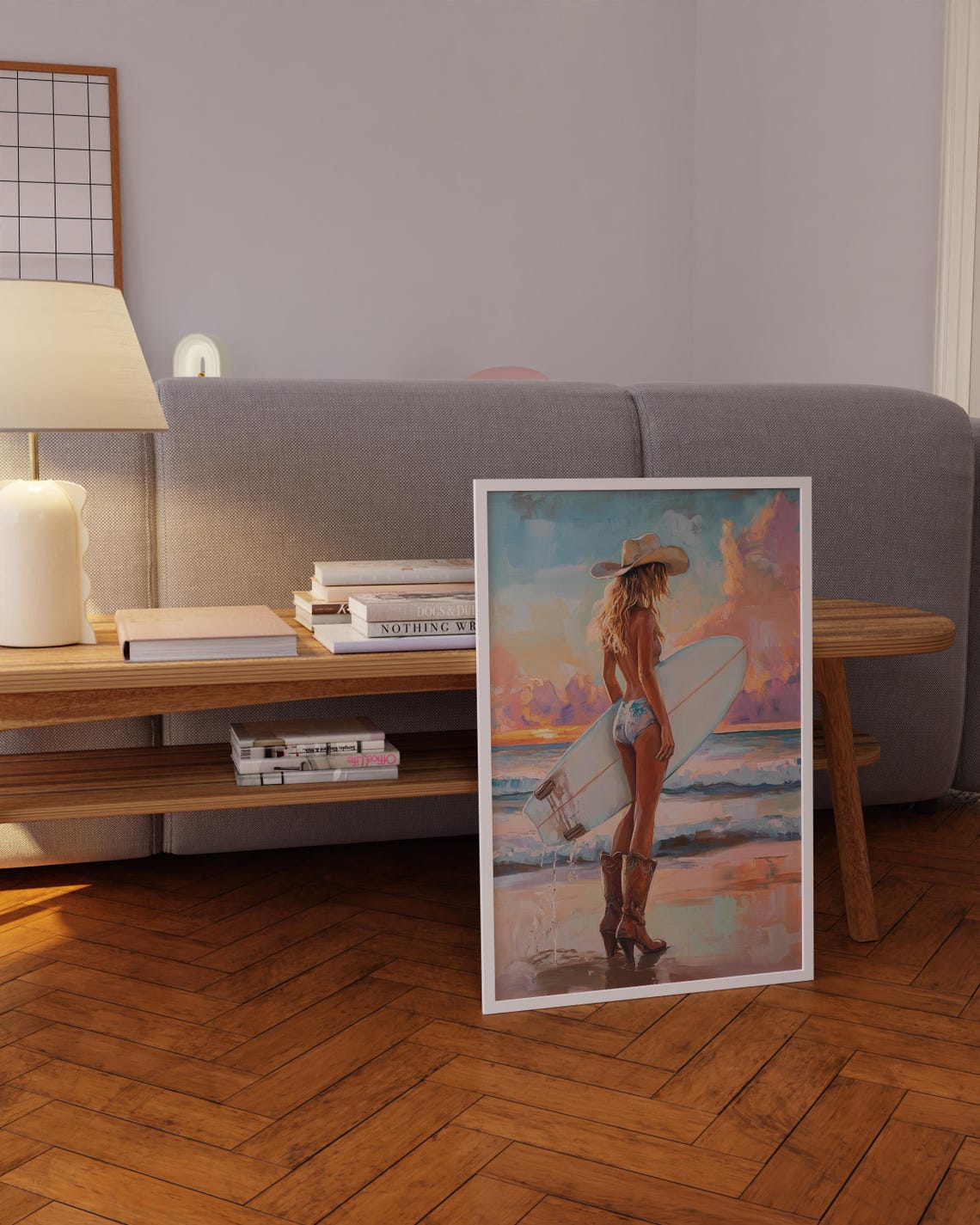 Cowgirl Surfer Sunset Beach Painting Poster Ocean Waves Decor - Image 5