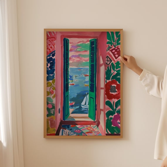 Pink Floral Open Window Sea Sunset Sailboat Abstract Painting Poster