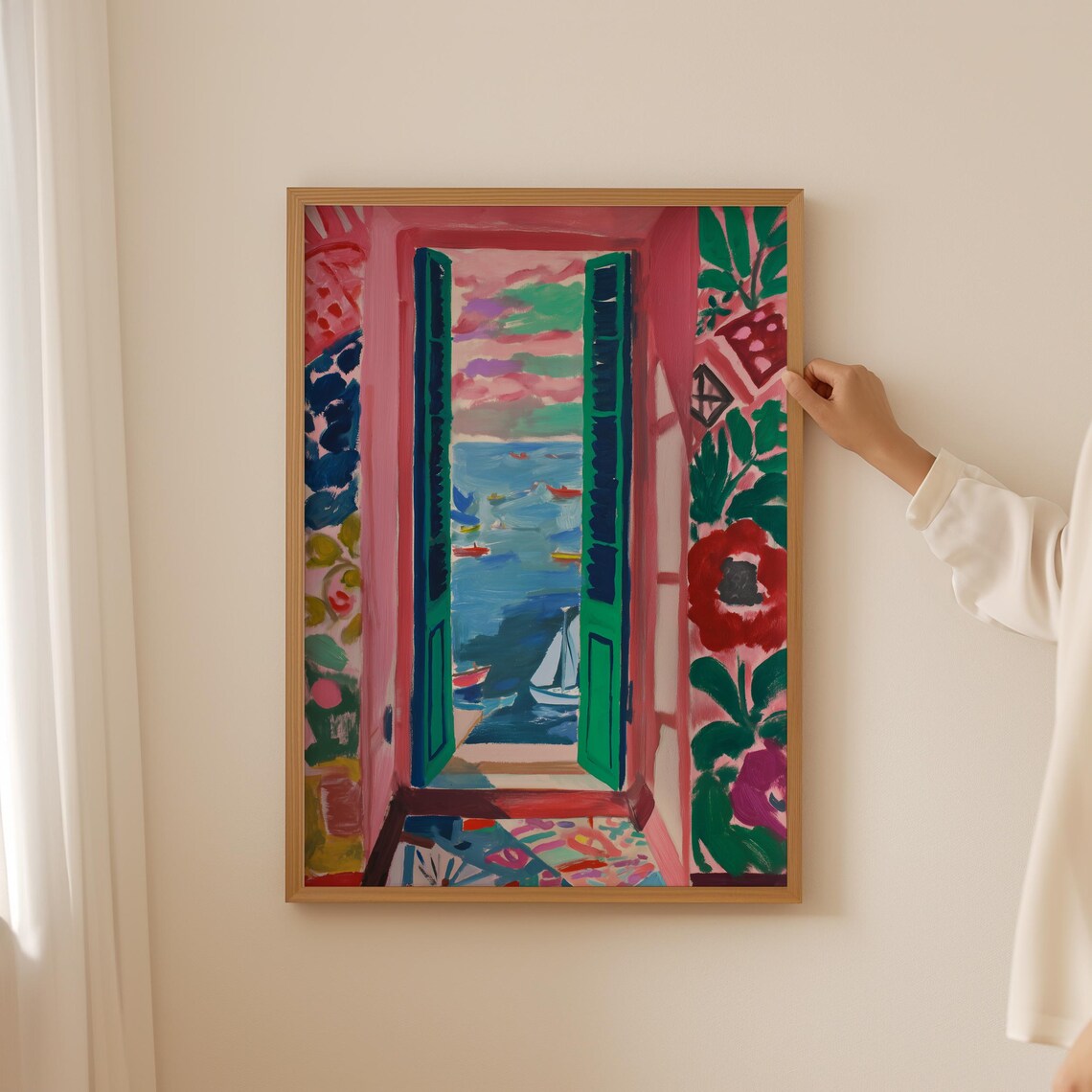 Pink Floral Open Window Sea Sunset Sailboat Abstract Painting Poster