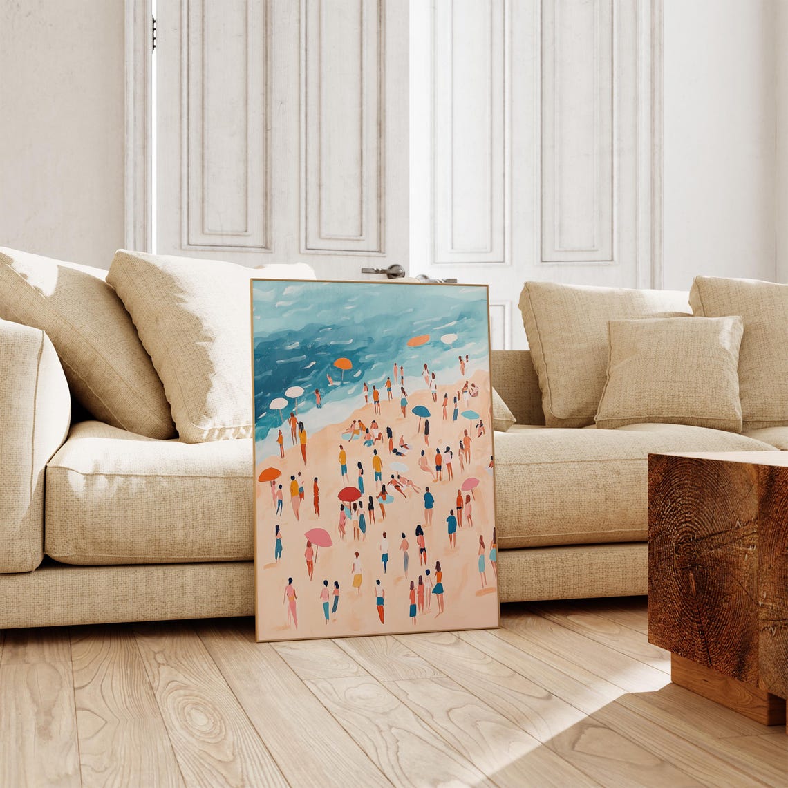 Peach Beach Crowd Umbrellas Summer Illustration Art Wall Poster - Image 3