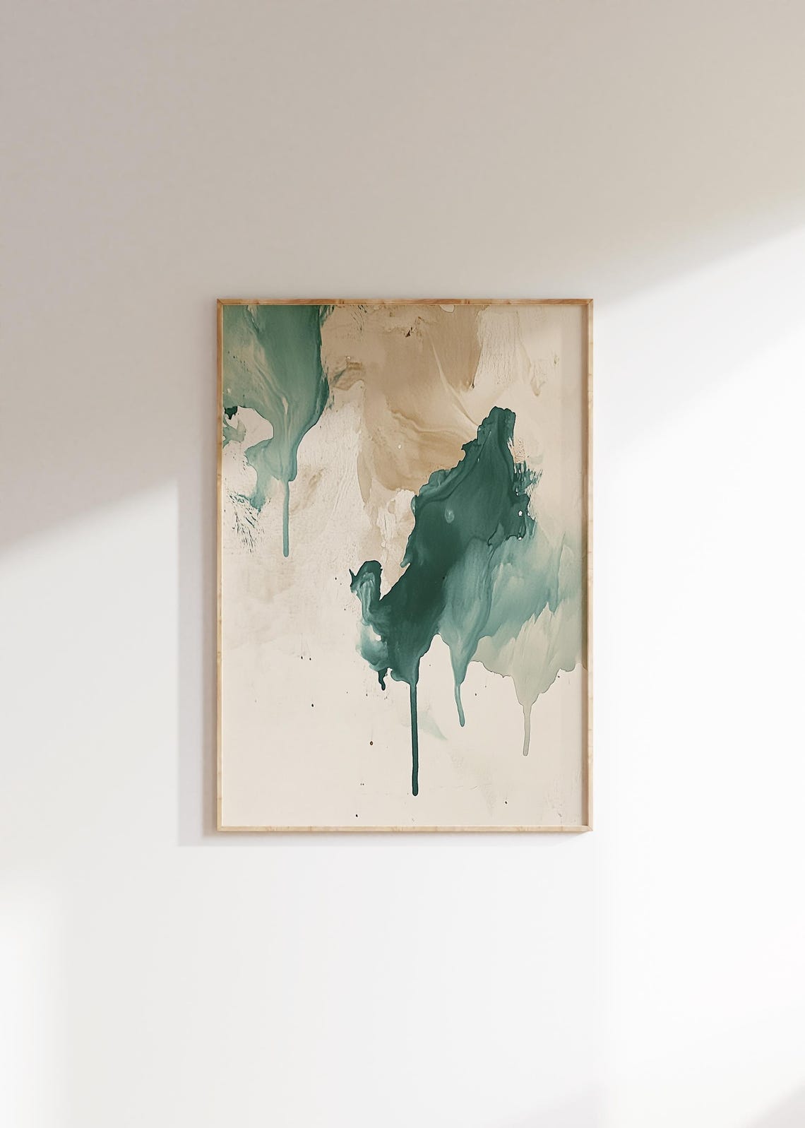 Emerald Green Ink Wash Drip Abstract Beige Modern Japandi Wall Poster - Image 2