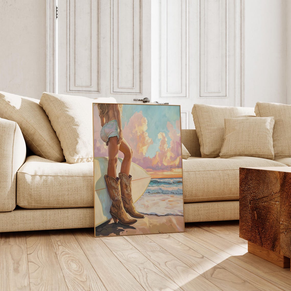 Cowgirl Boots Surfboard Sunset Beach Western Coastal Art Poster - Image 3