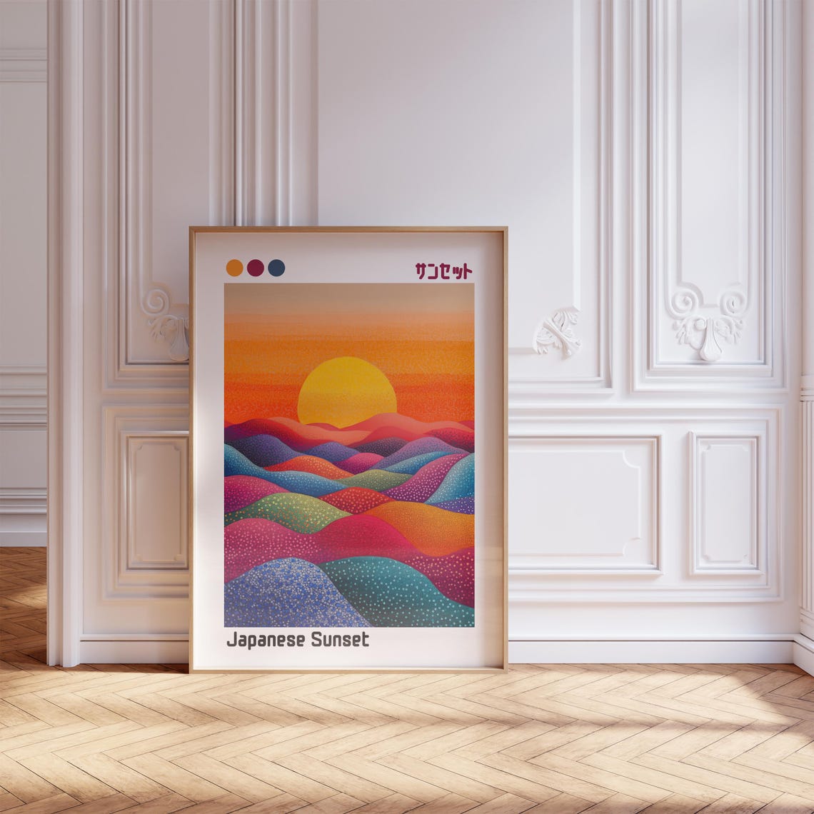 Japanese Sunset Orange Sun Dotted Waves Vibrant Landscape Art Poster - Image 3