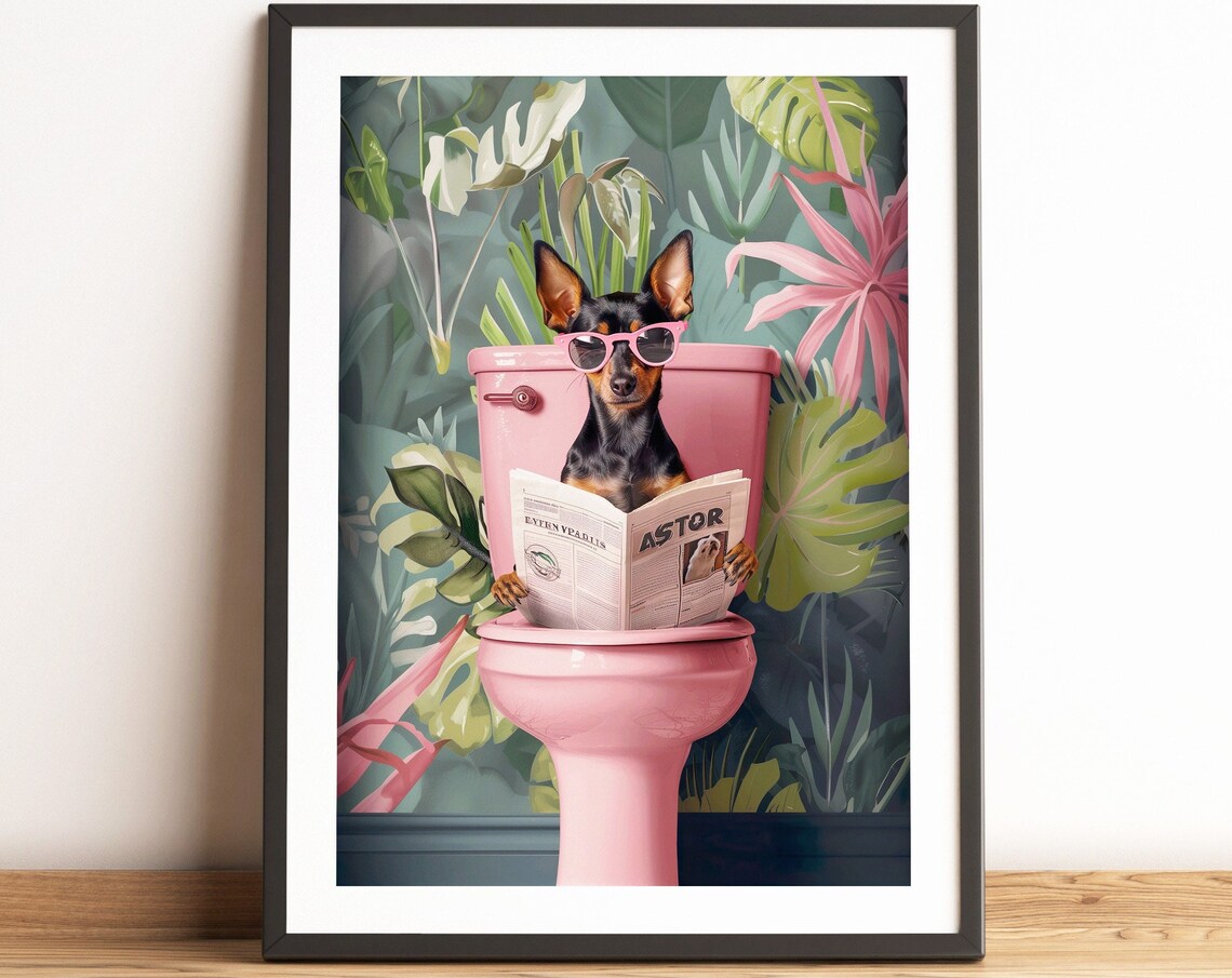 Miniature Pinscher Reading On Toilet Funny Bathroom Art Print