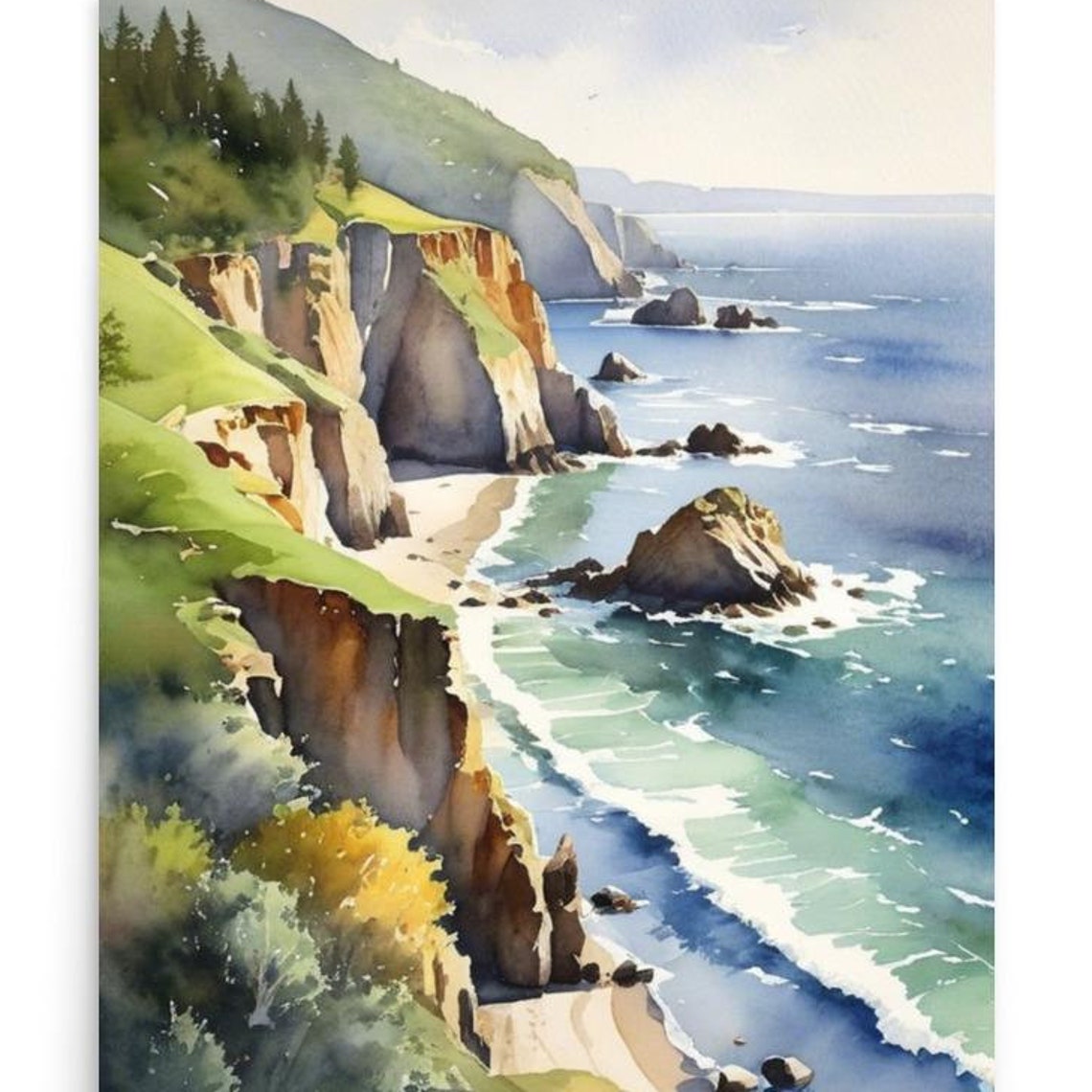 Dramatic California Coastal Cliffs Seascape Watercolor Ocean Poster