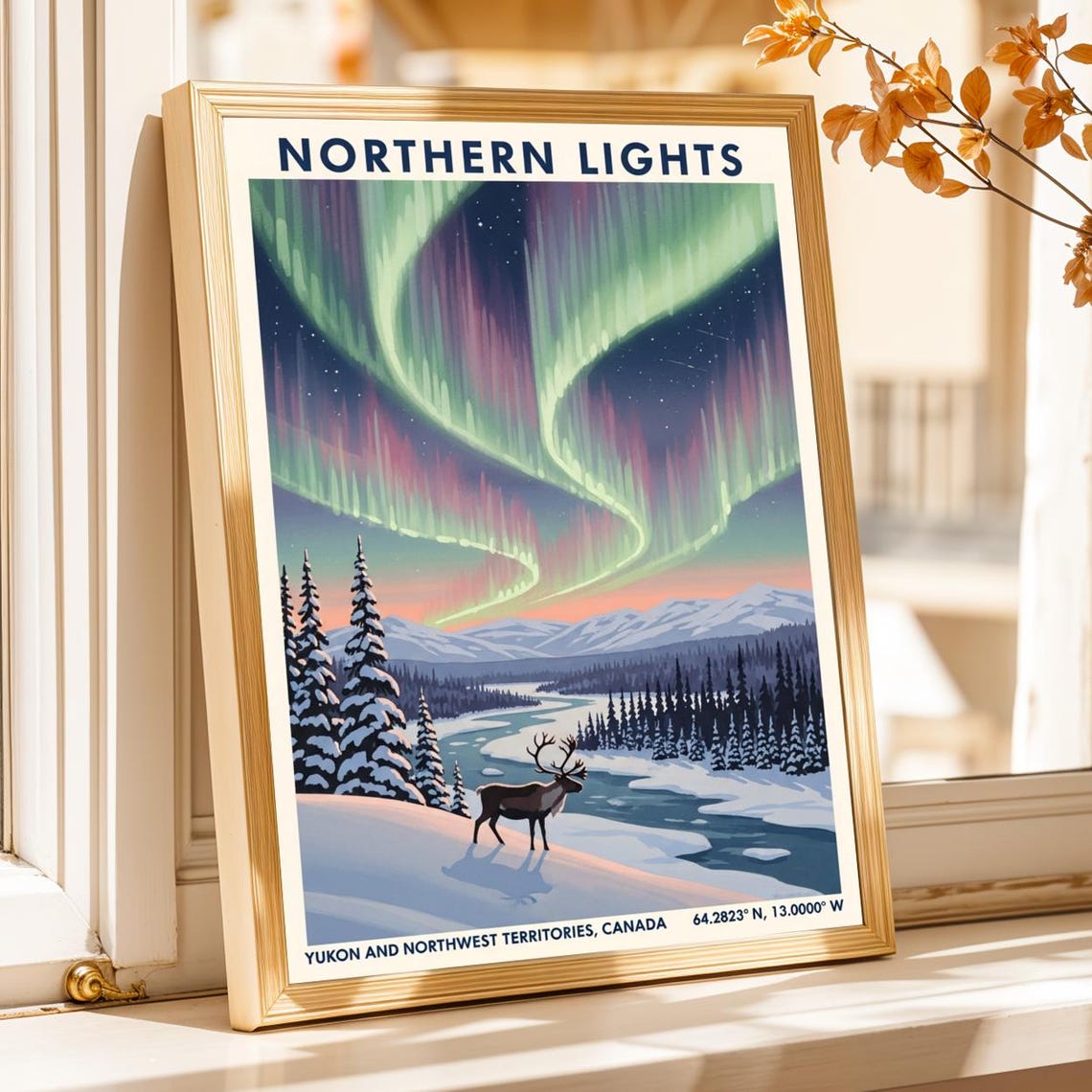 Northern Lights Yukon Canada Aurora Reindeer Snow Travel Poster