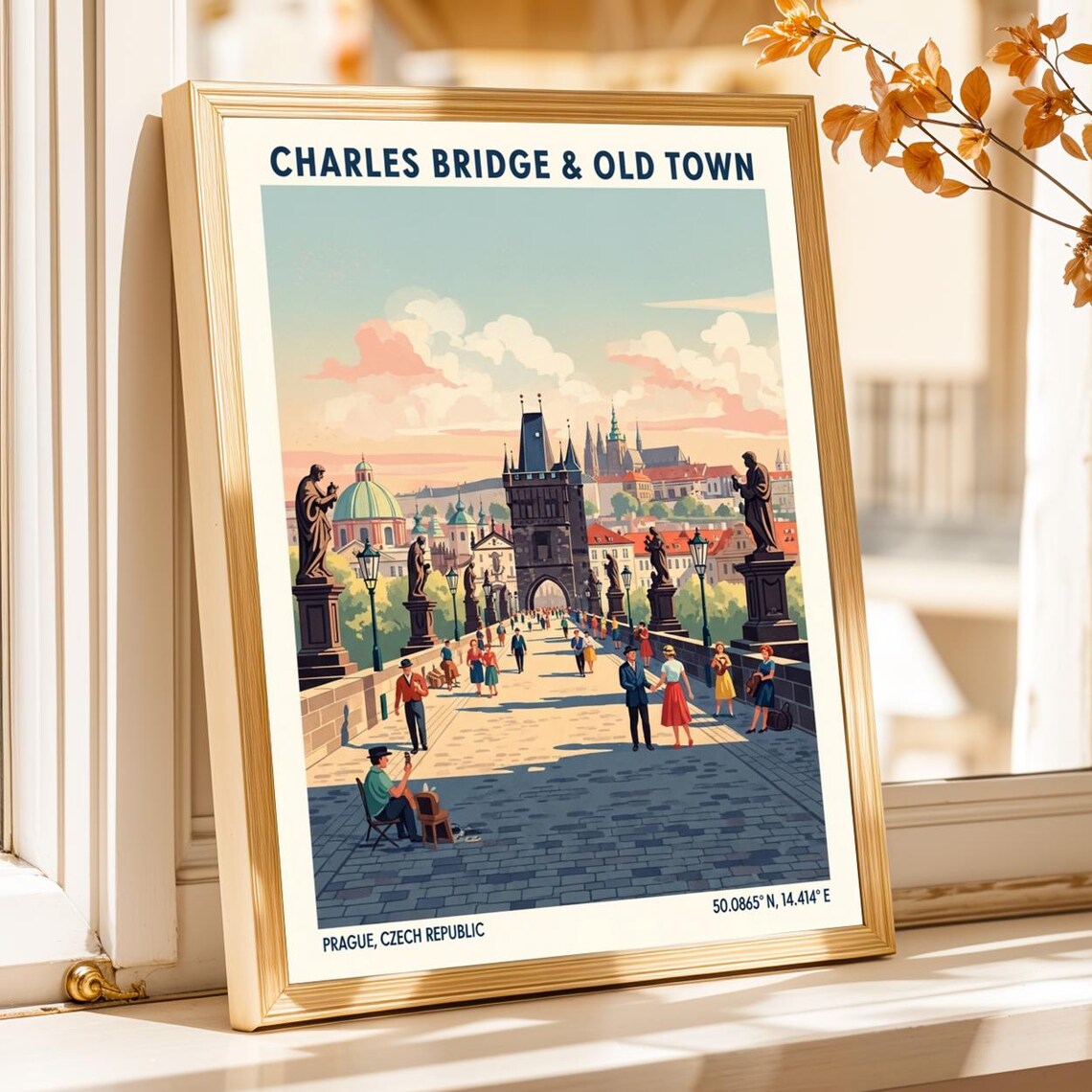 Prague Charles Bridge Vintage Gouache Print Retro European Cityscape