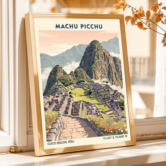 Machu Picchu Travel Poster Vintage Gouache Style Landscape Art
