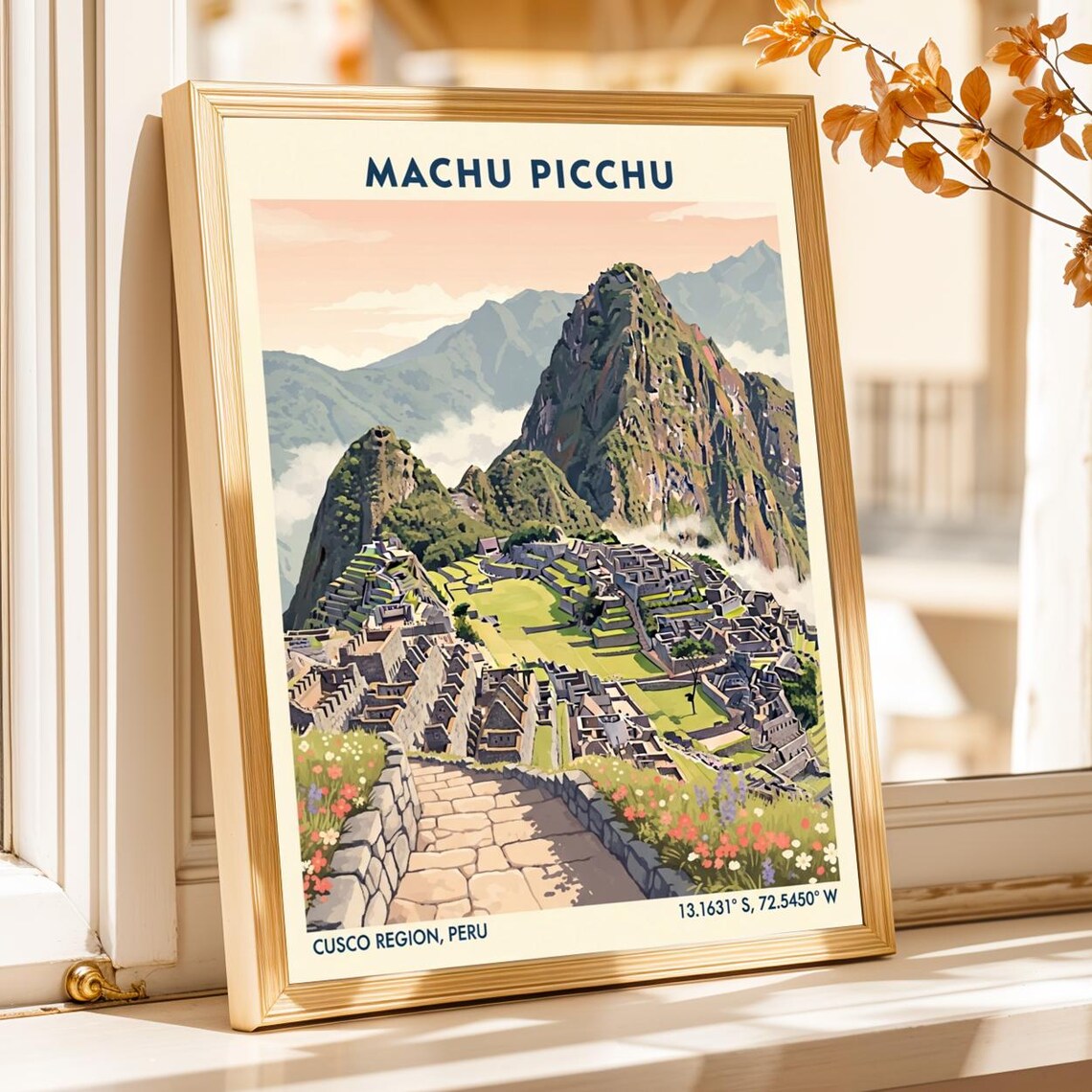 Machu Picchu Inca Ruins Cusco Peru Vintage Gouache Travel Poster