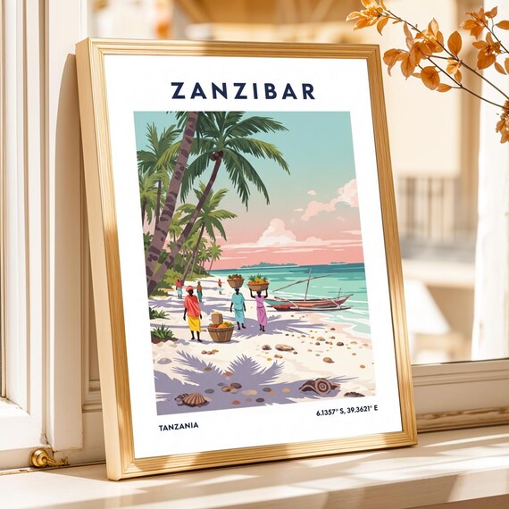 Zanzibar Tanzania Beach Dhow Boat Tropical Vintage Travel Poster