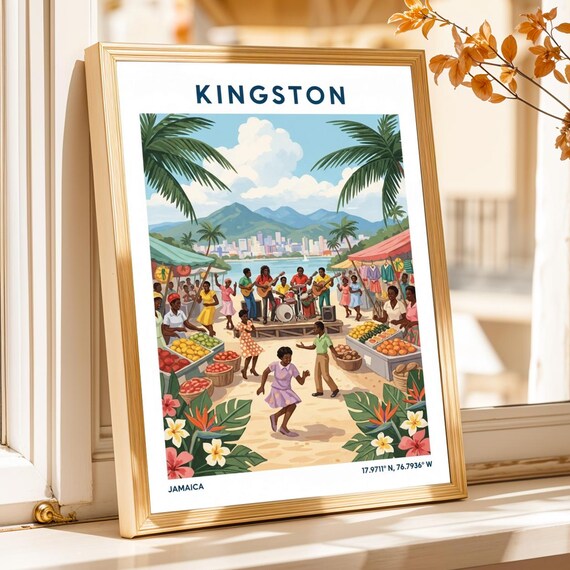 Kingston Jamaica Colorful Caribbean Market Street Festival Travel Poster