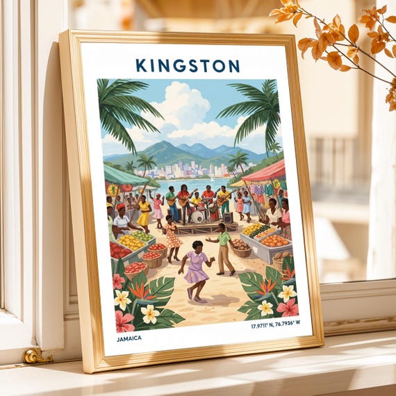 Kingston Market Scene Poster Vintage Caribbean Gouache Painting