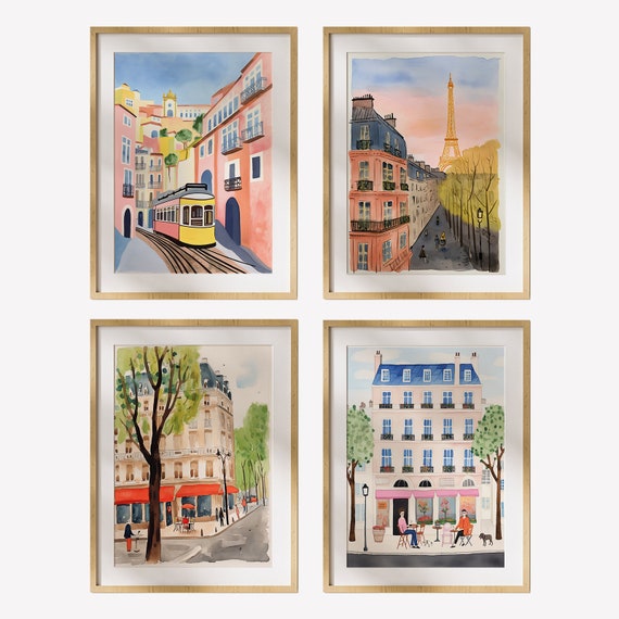 City Wall Art Gallery Set Paris Lisbon Realism Painting Color Architecture Coffee Shop Eiffel Tower Travel Fun Cityscapes