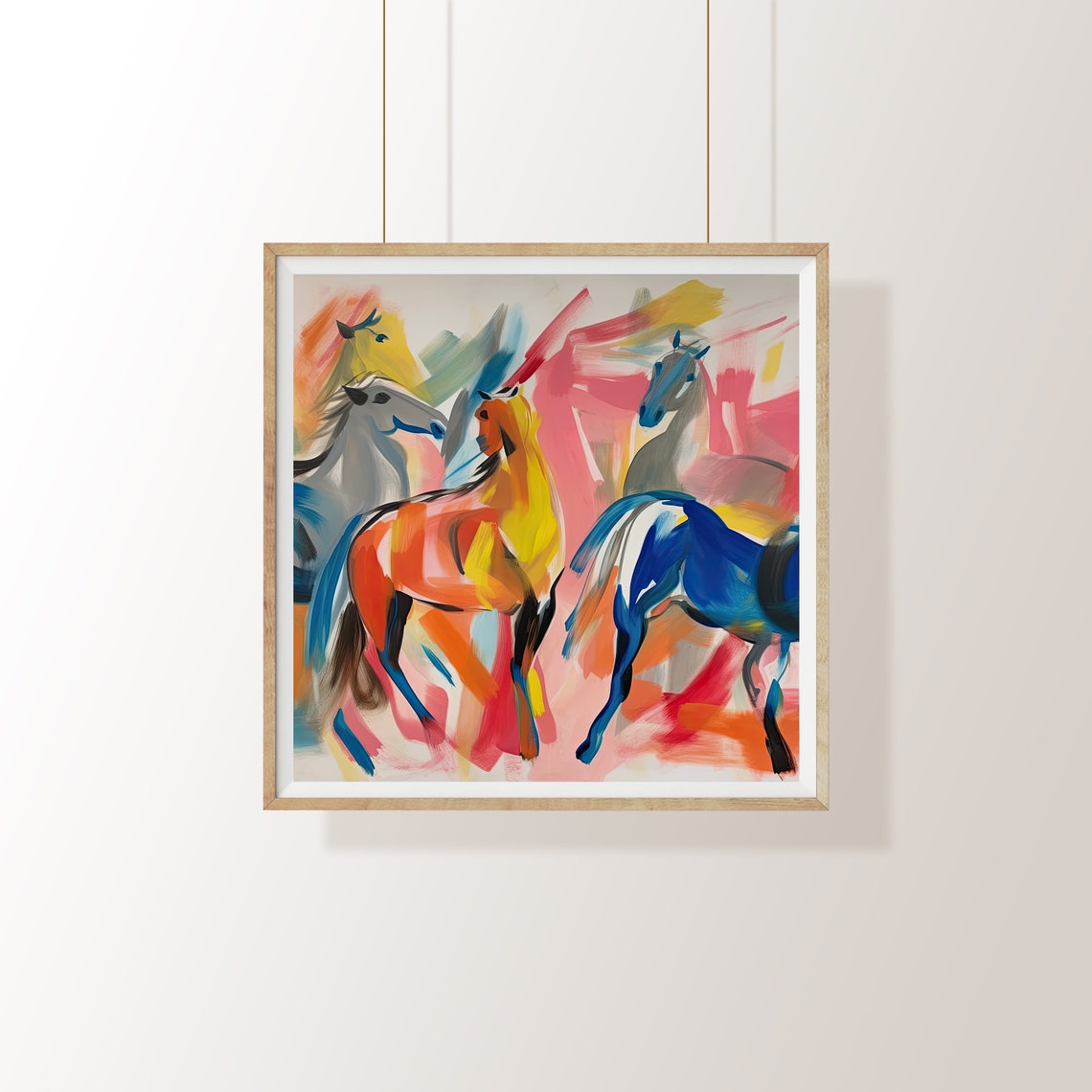 Galloping Horses In Bold Orange Blue And Pink Abstract Art Poster