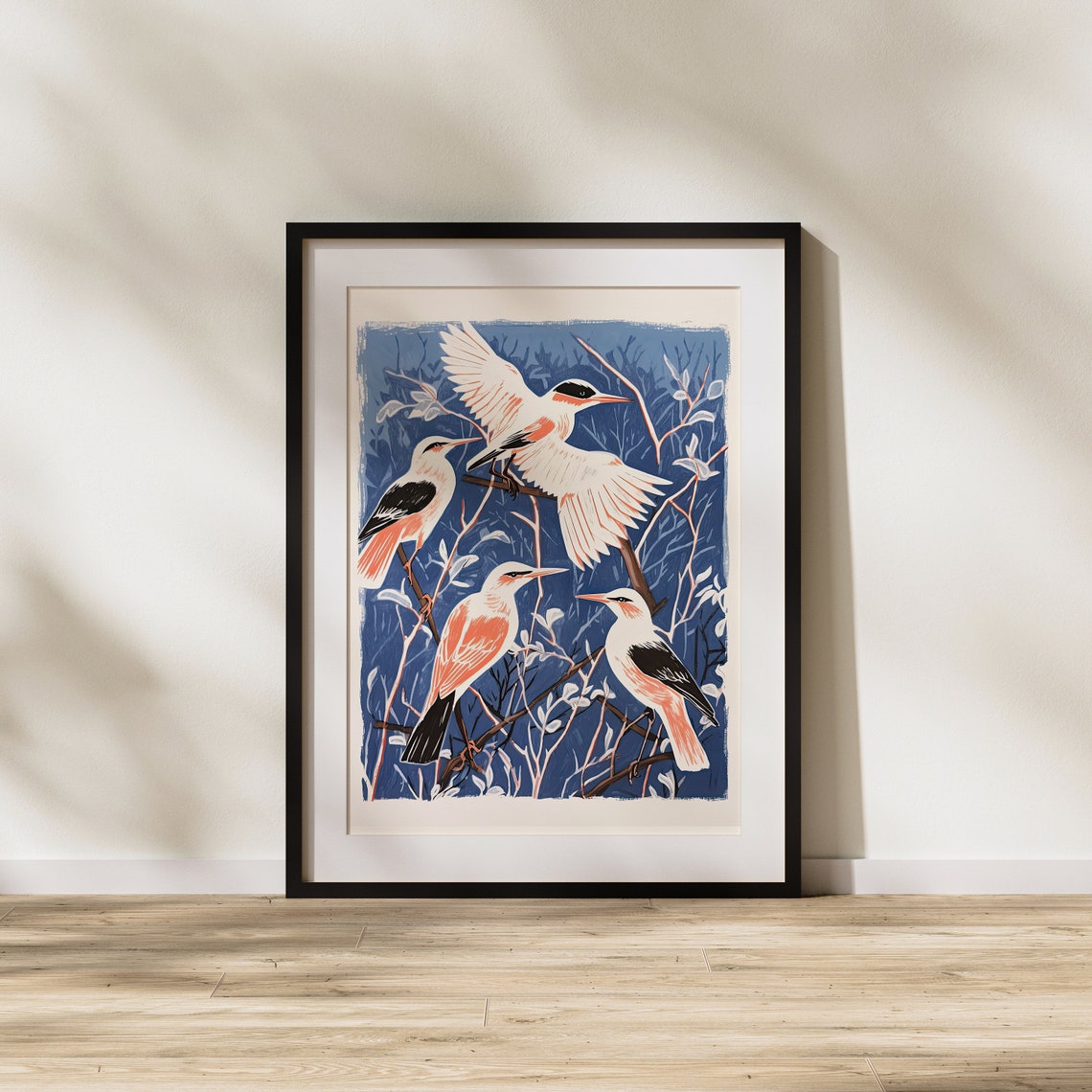 Four Stylized Birds Perched On Branches Deep Blue Nature Art Poster - Image 2