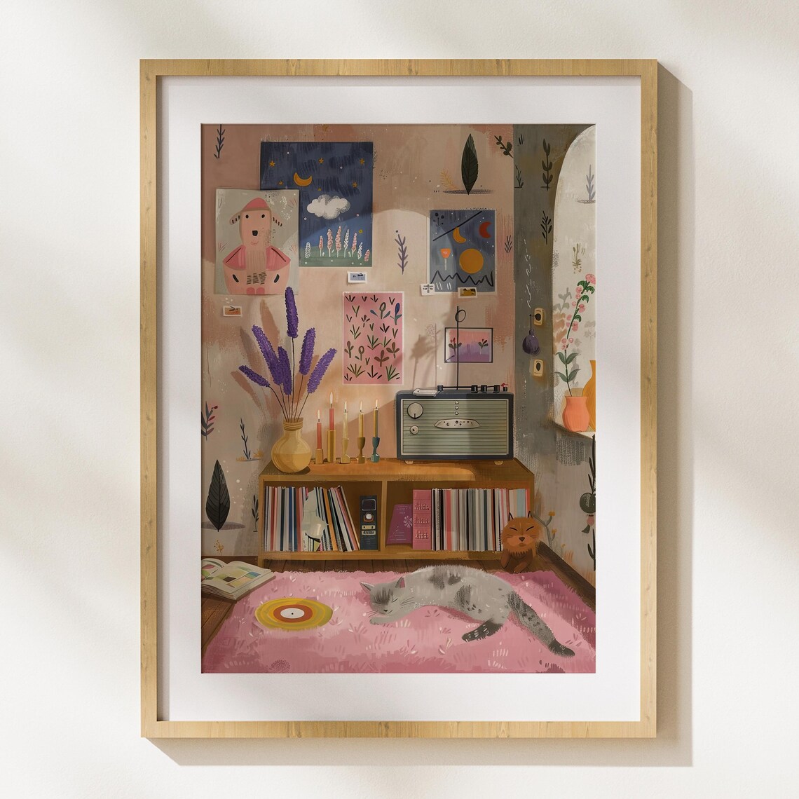 Cozy Sleeping Cat With Records And Radio Warm Illustrated Corner Poster