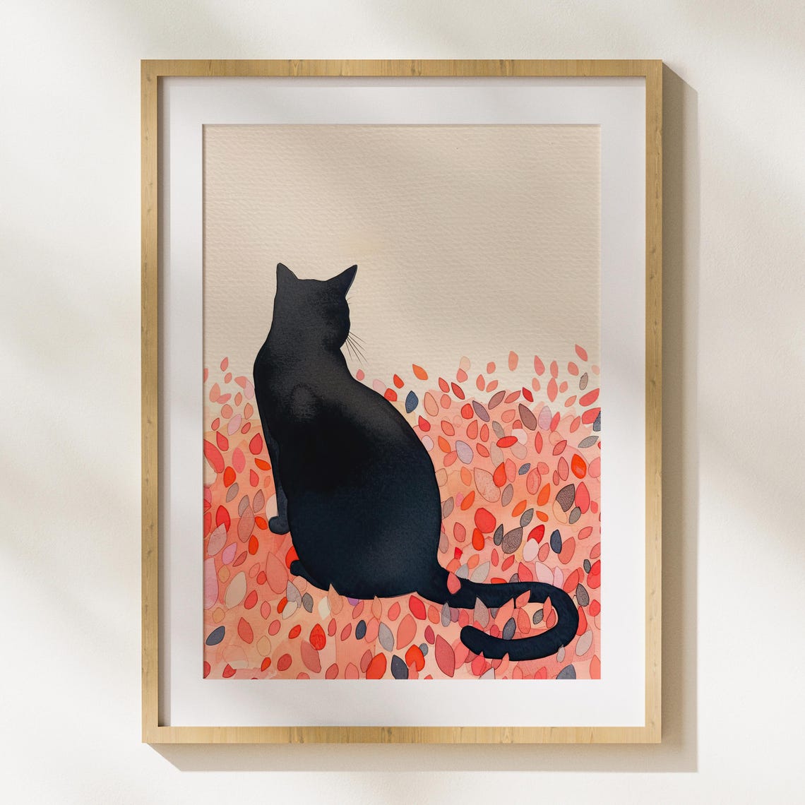 Black Cat Silhouette from Behind in Coral Autumn Leaves Poster