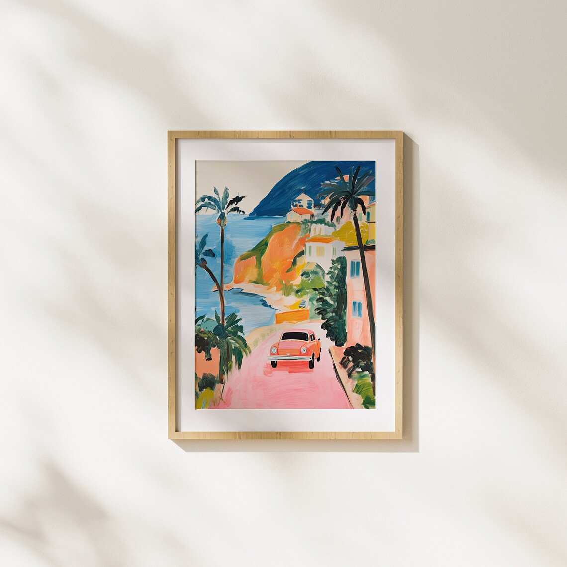 Classic Red Vintage Car on Winding Coastal Cliff Road Poster