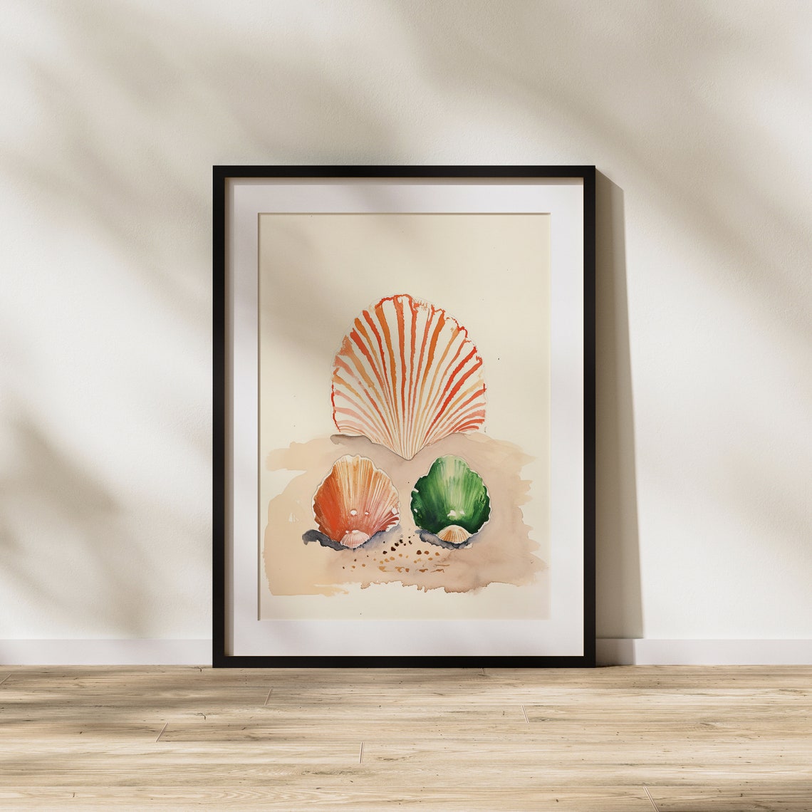 Three Scallop Shells on Sandy Beach in Orange and Green Poster - Image 2