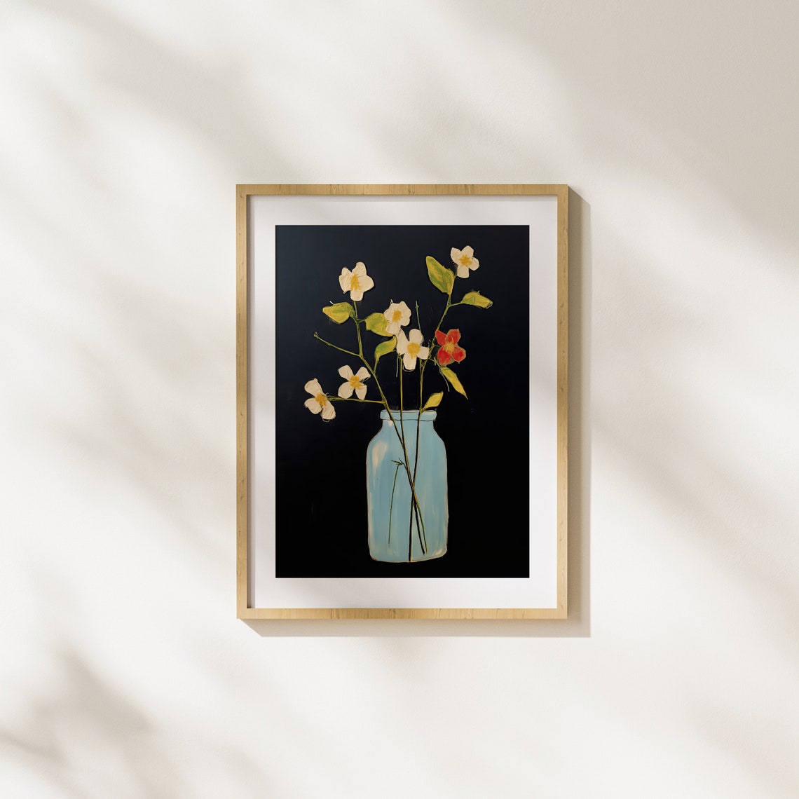 Delicate White Wildflowers In Blue Jar On Dramatic Black Poster