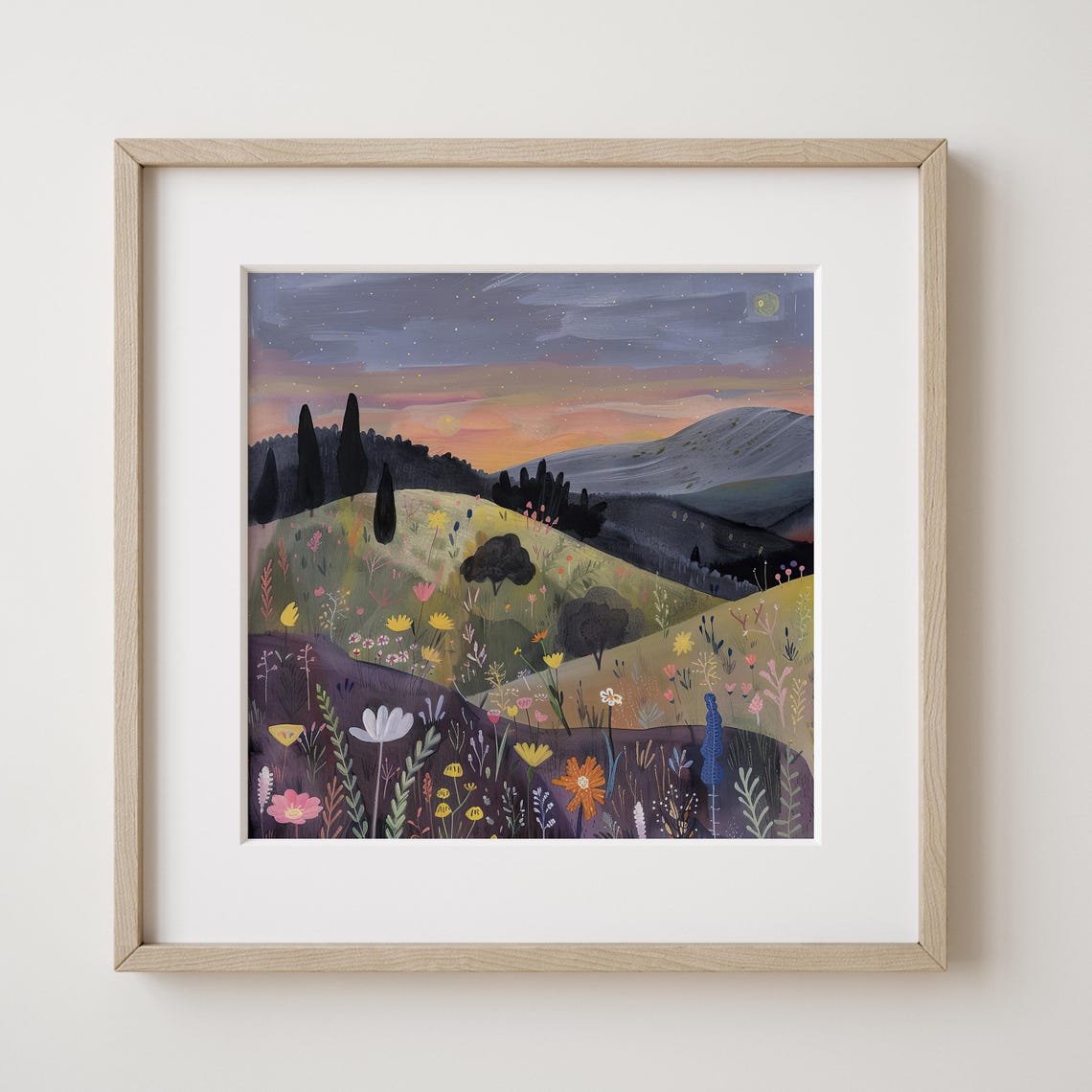 Moonlit Meadow with Wildflowers Under a Starry Night Sky Poster