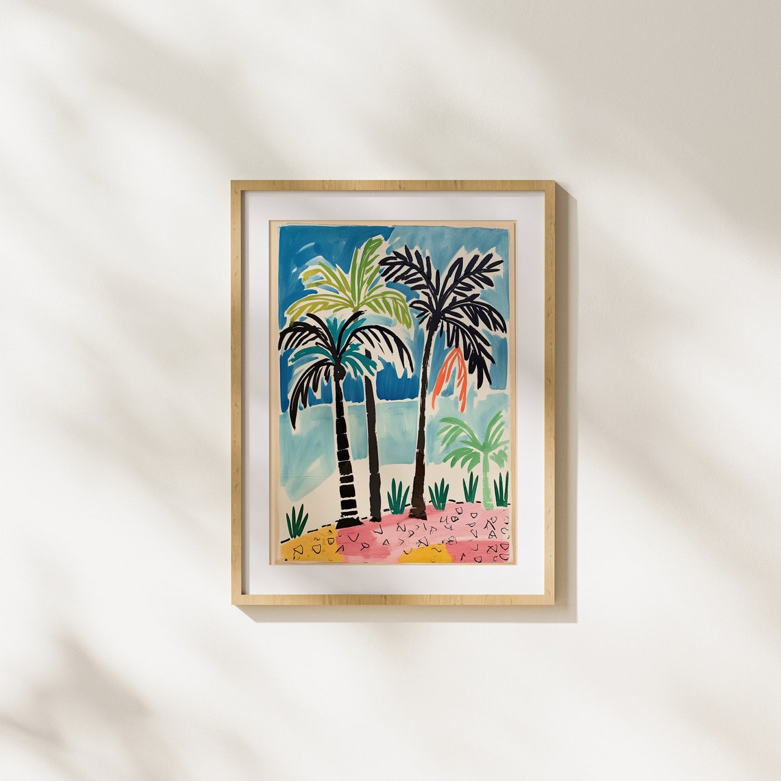 Graphic Palm Trees on a Colorful Tropical Beach Ink Art Poster