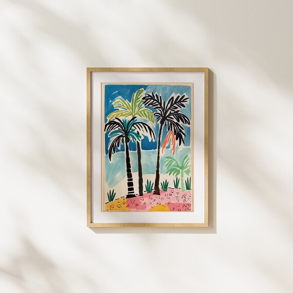 Palm Trees Tropical Paradise Summer Art Wall Gouache Illustration Painting Unique Colorful