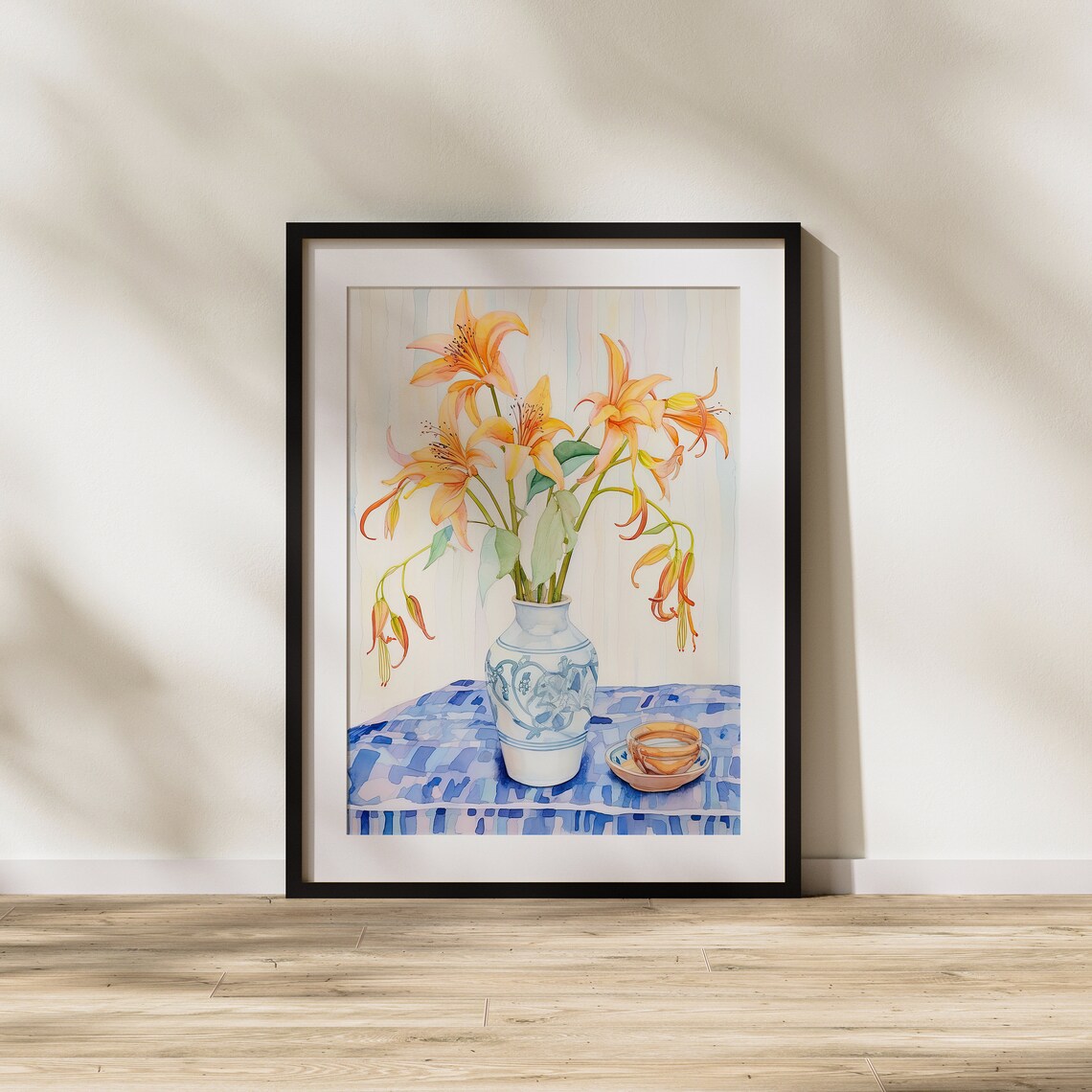 Orange Lilies in Blue Porcelain Vase Floral Still Life Poster - Image 2