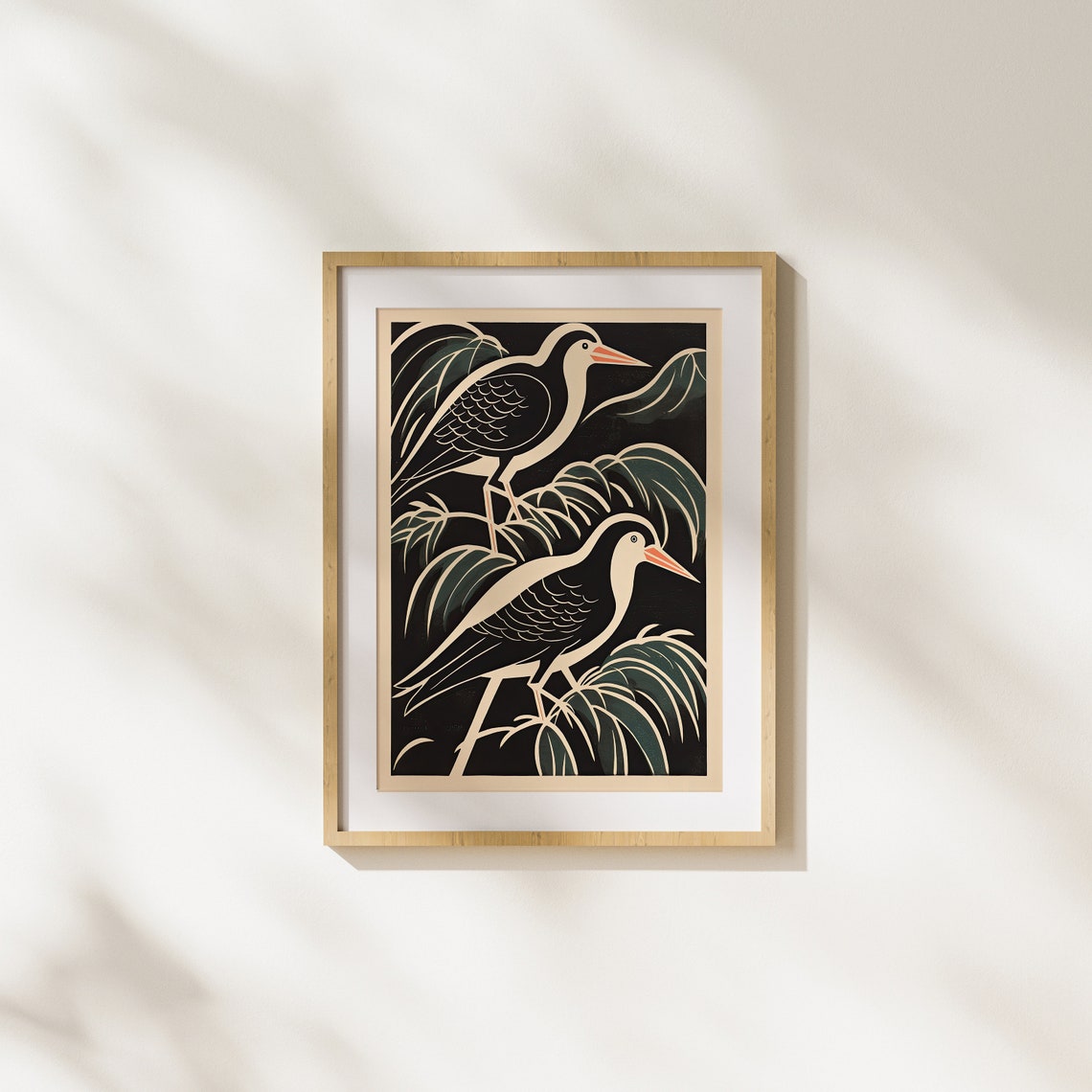 Two Elegant Long Billed Birds Among Willow Leaves Black Woodcut Poster