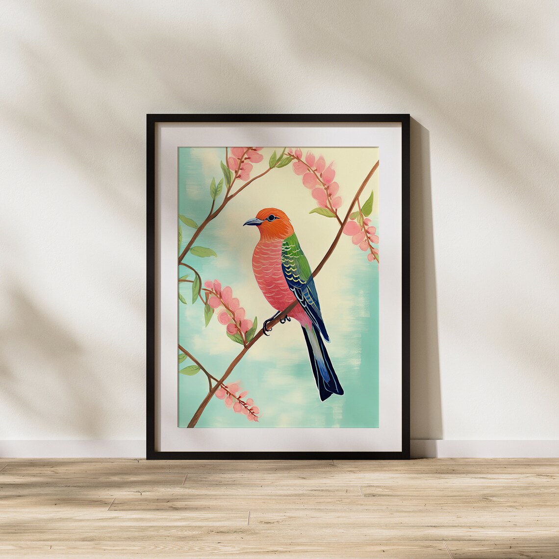 Rainbow Songbird on Pink Blossom Branch Delicate Bird Art Poster - Image 3
