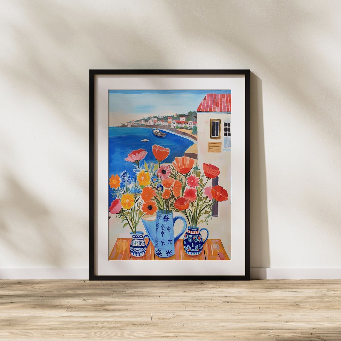 Seaside Town Bay View with Colorful Flowers Coastal Window Art Poster - Image 3