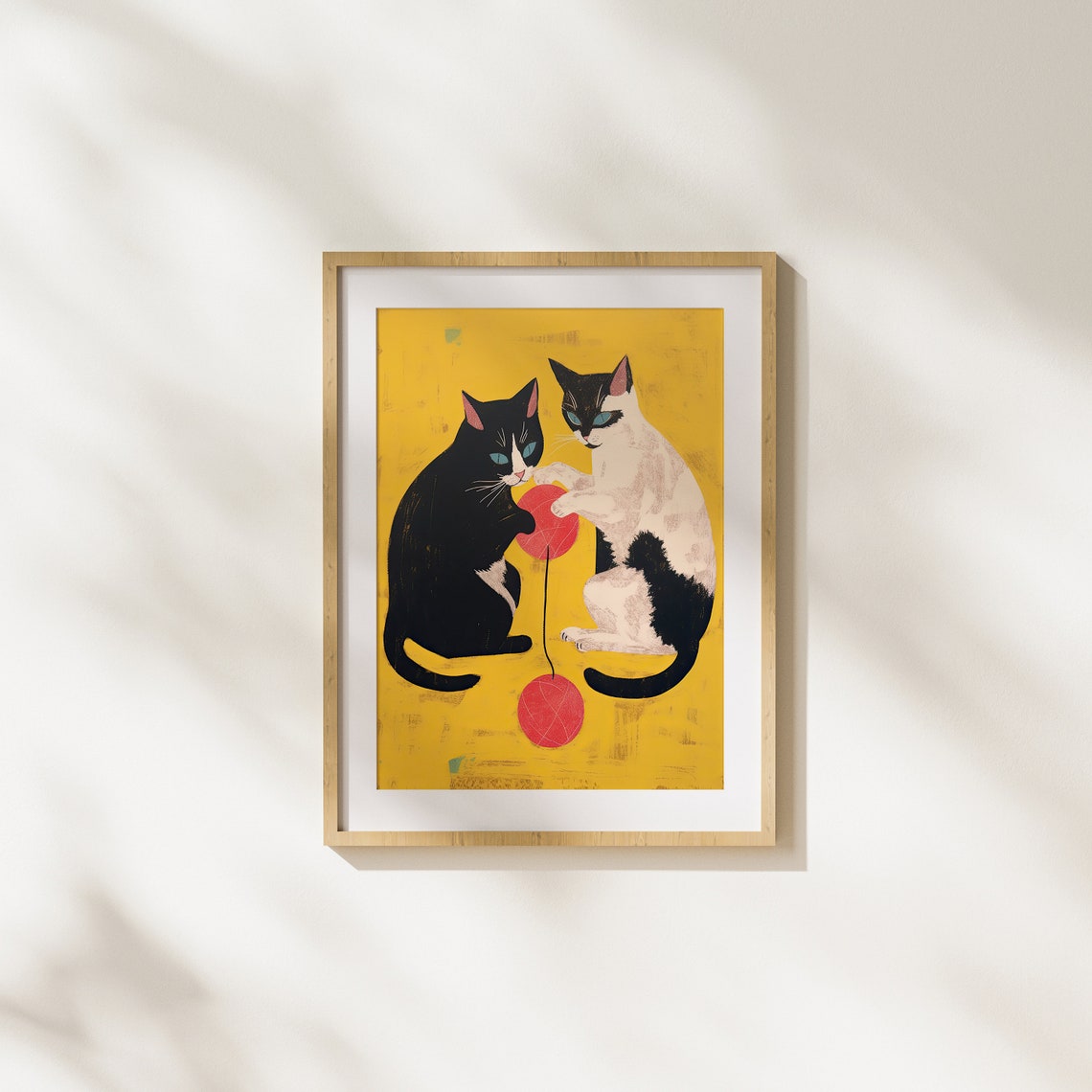 Two Playful Cats With Red Yarn Balls On Bold Mustard Yellow Art Poster