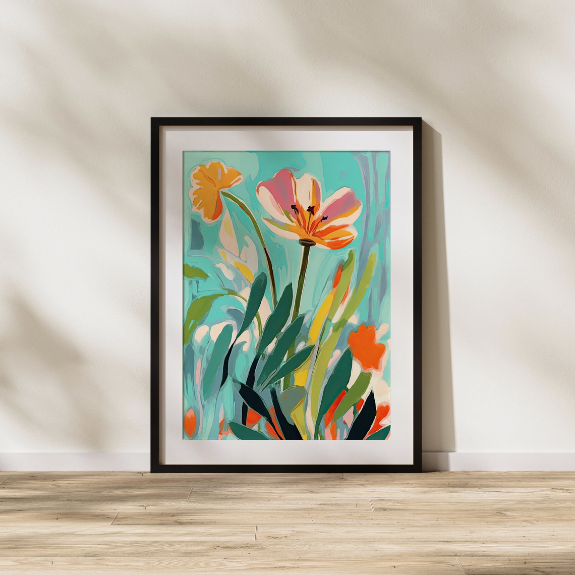 Orange Pink Blossoms Painterly Floral Art On Teal Background Poster - Image 2