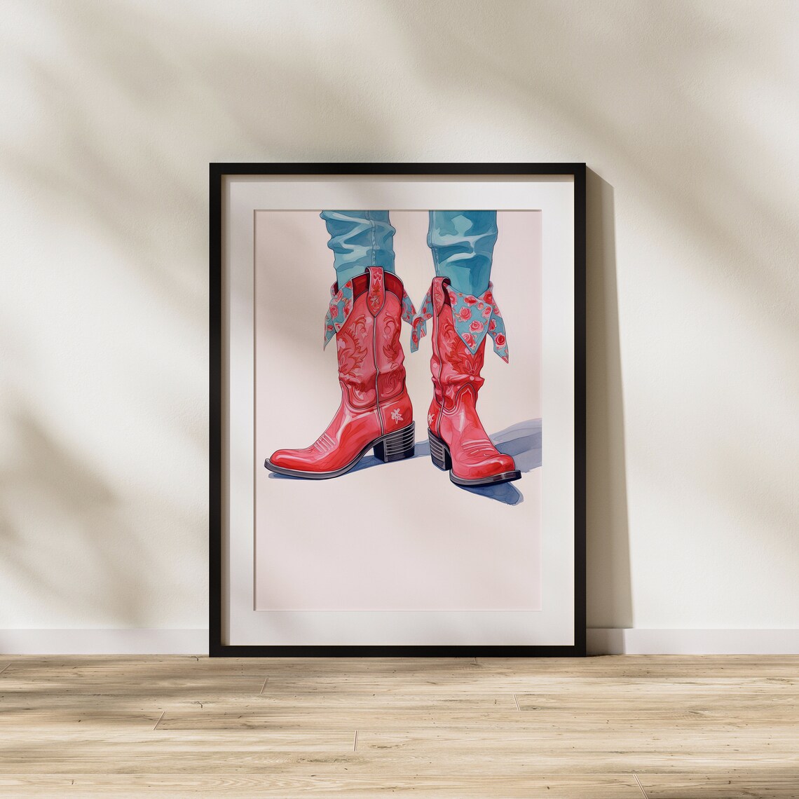 Red Western Cowboy Boots With Floral Cuffs Retro Fashion Art Poster - Image 2