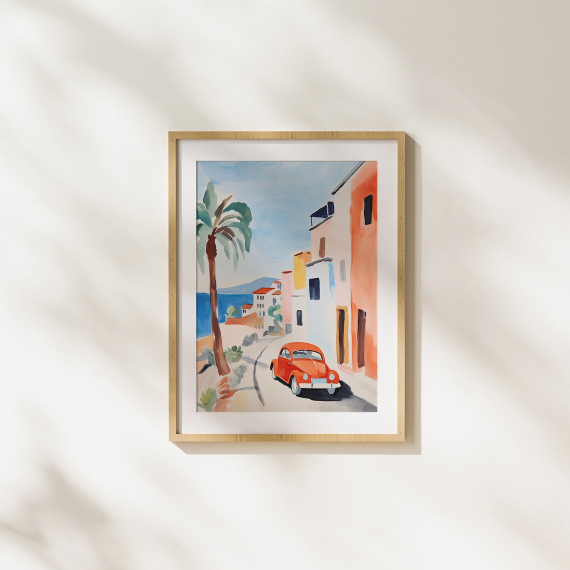 Red Volkswagen Beetle on a Sunny Mediterranean Street Poster