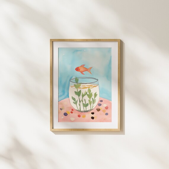 Fish Animals Nature Pastel Colors Painting Art Print Illustration Aquarium Plants Unique Wall Modern Fun
