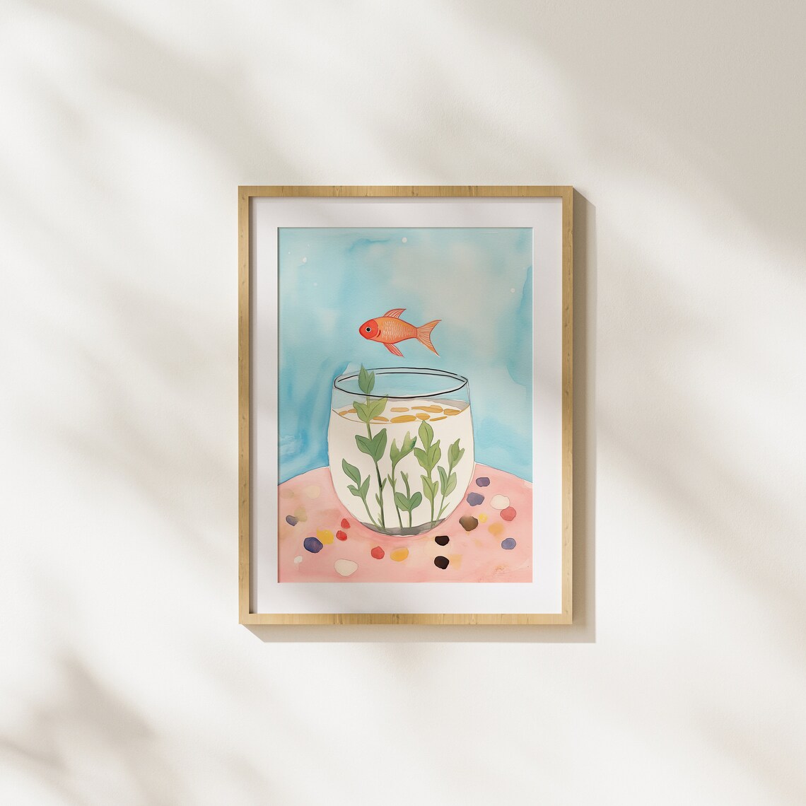 Whimsical Goldfish Leaping Into Glass Of Green Plants Pastel Poster