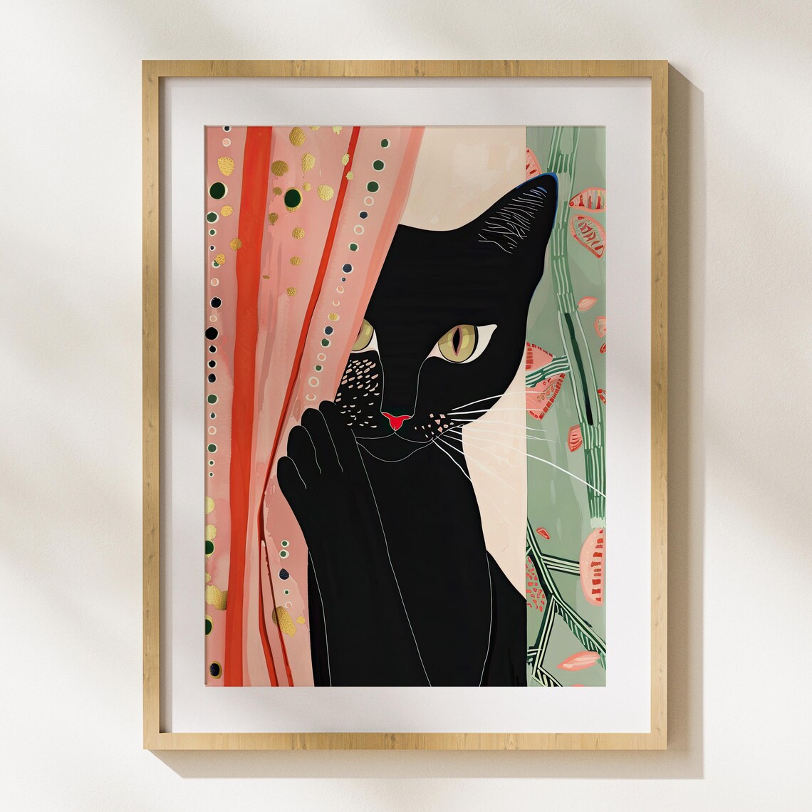 Black Cat Peeking From Curtain Modern Illustration Art Print