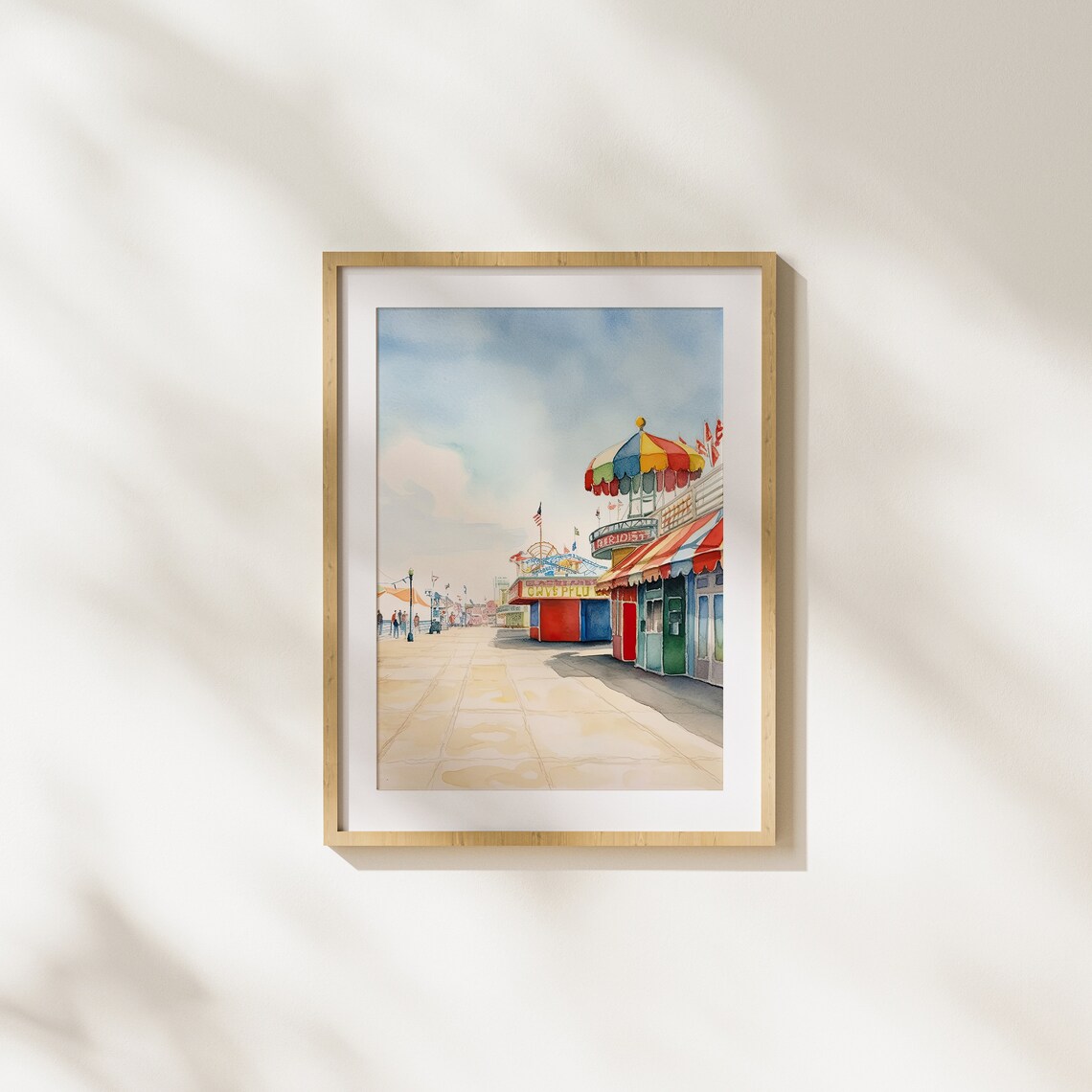 Seaside Boardwalk with Carousel Soft Watercolor Summer Scene Poster