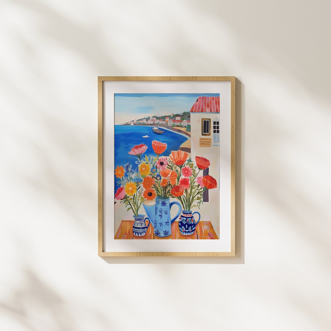 Seaside Town Bay View with Colorful Flowers Coastal Window Art Poster