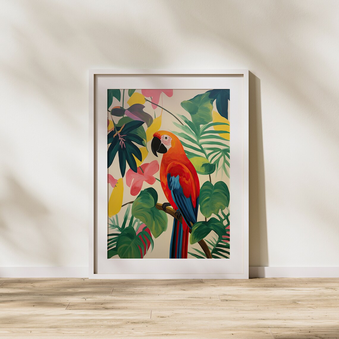 Scarlet Macaw Parrot in Tropical Foliage Lush Jungle Bird Art Poster - Image 2