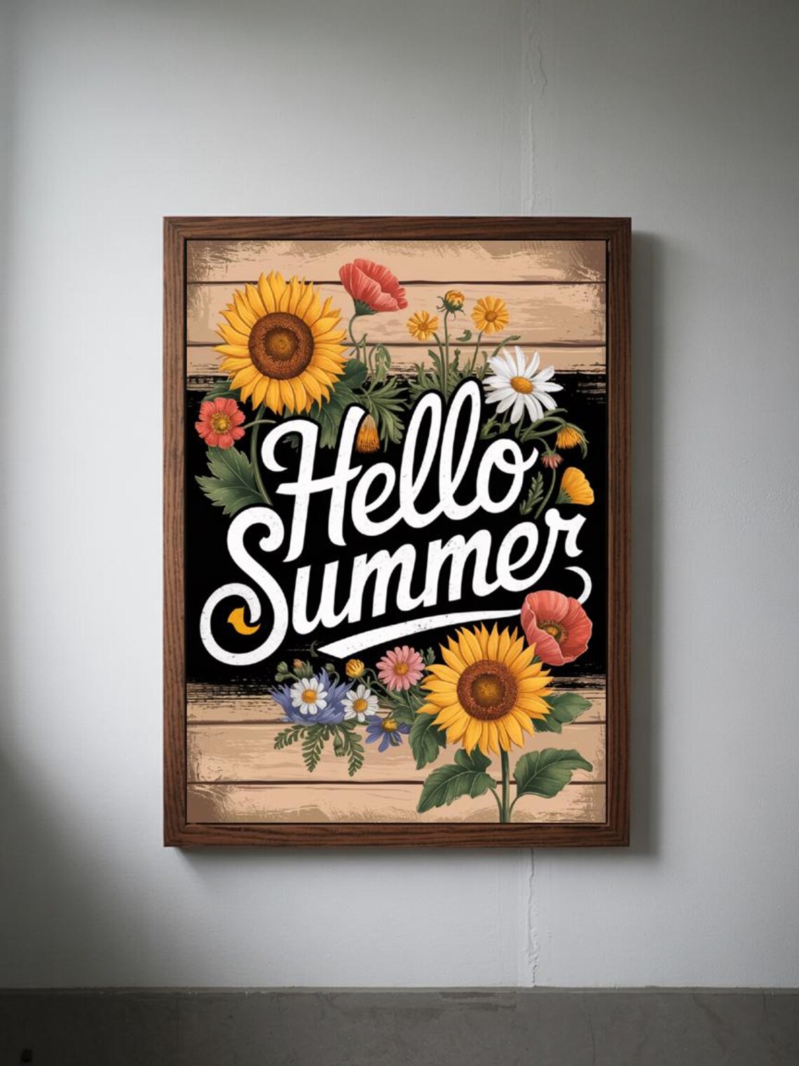 Hello Summer Chalkboard Floral Sunflower Garland Farmhouse Art Poster - Image 3