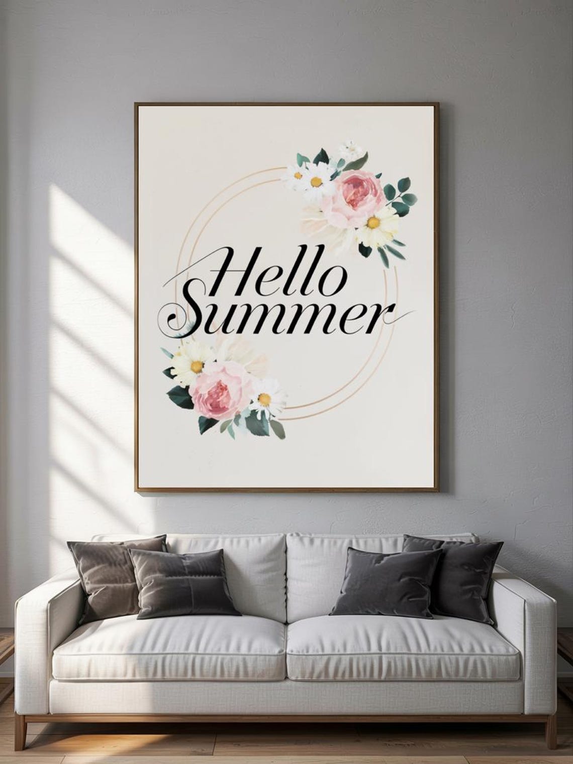 Hello Summer Black Script Gold Wreath Peony Daisy Elegant Floral Print - Image 2