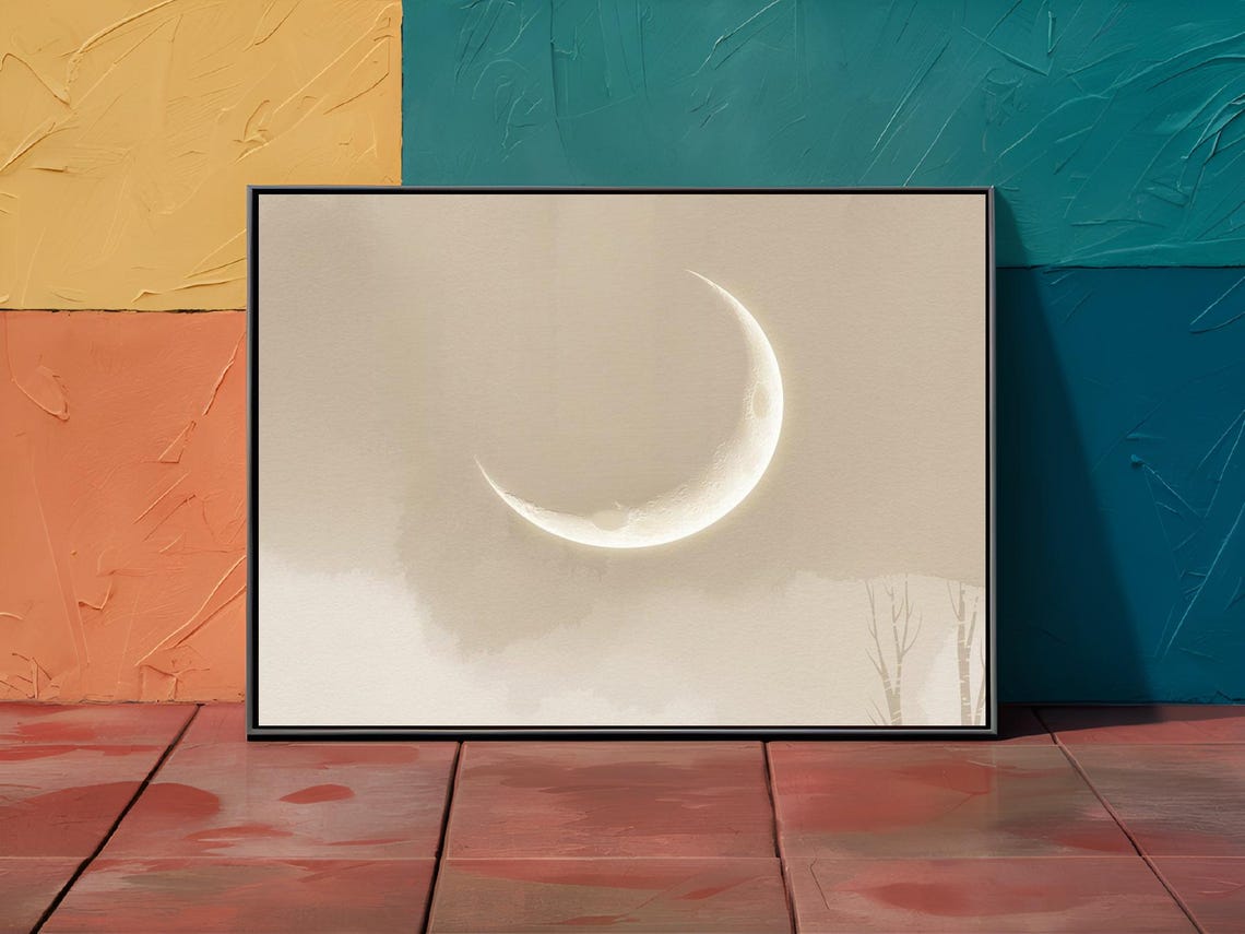 Dreamy Crescent Moon Soft Beige Watercolor Minimalist Night Sky Poster - Image 3